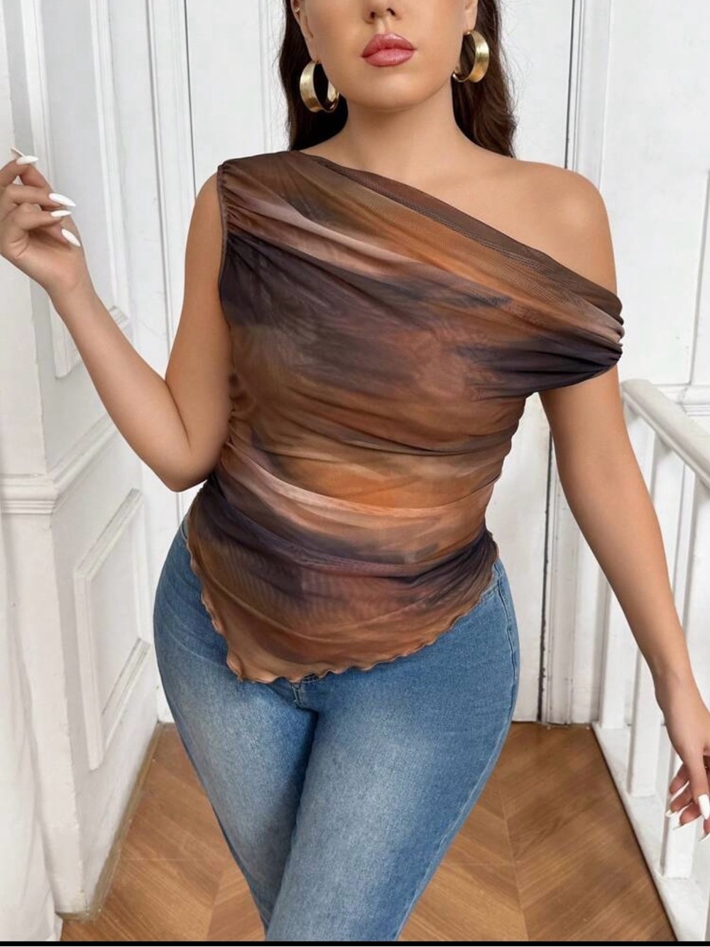 Women’s Sheer Tie-Dye Mesh Top - Brown/Black - Picture 4 of 5